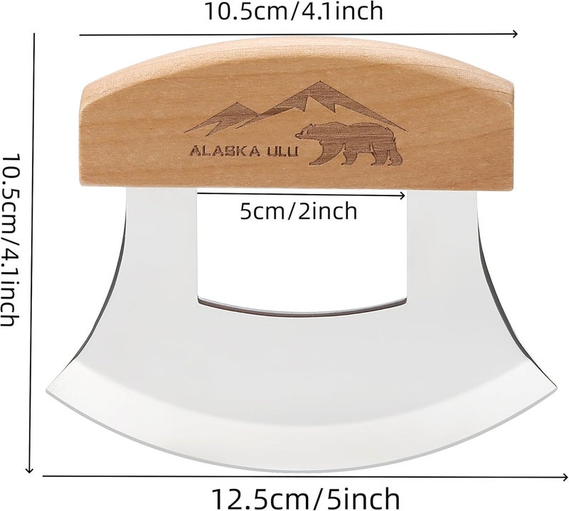 WiuCYS Alaskan Ulu Knives Pizza Cutter Chopper Slicer for Salad Vegetables Meat Chopping Mincing with Wooden Stand Arthritic Tool 5x4in (2) - Image 2